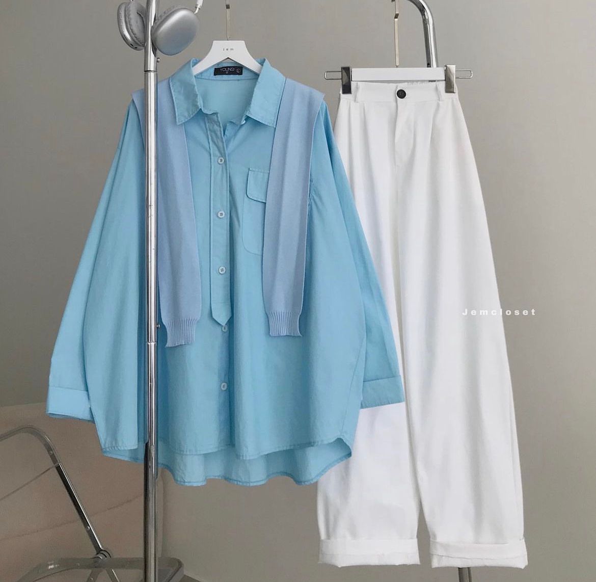 sky blue Button down shirt with white wideleg jeans