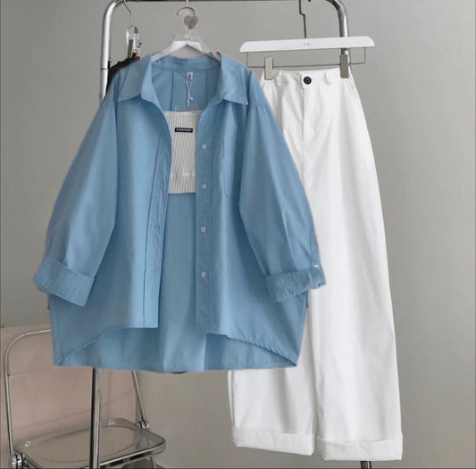 sky blue Button down shirt with white wideleg jeans