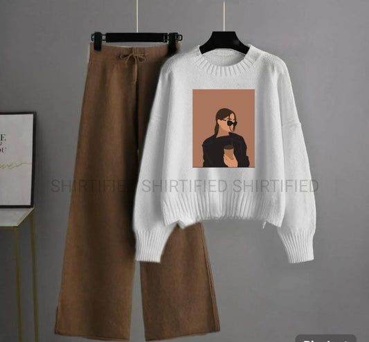 white sweatshirt coffee girl with brown flapper