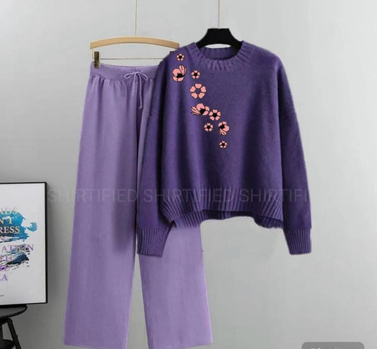 lilac flapper with dark purple sweatshirt pink flowers