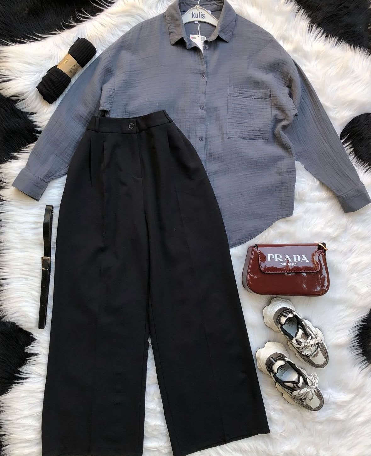 black formal pants with grey button down shirt