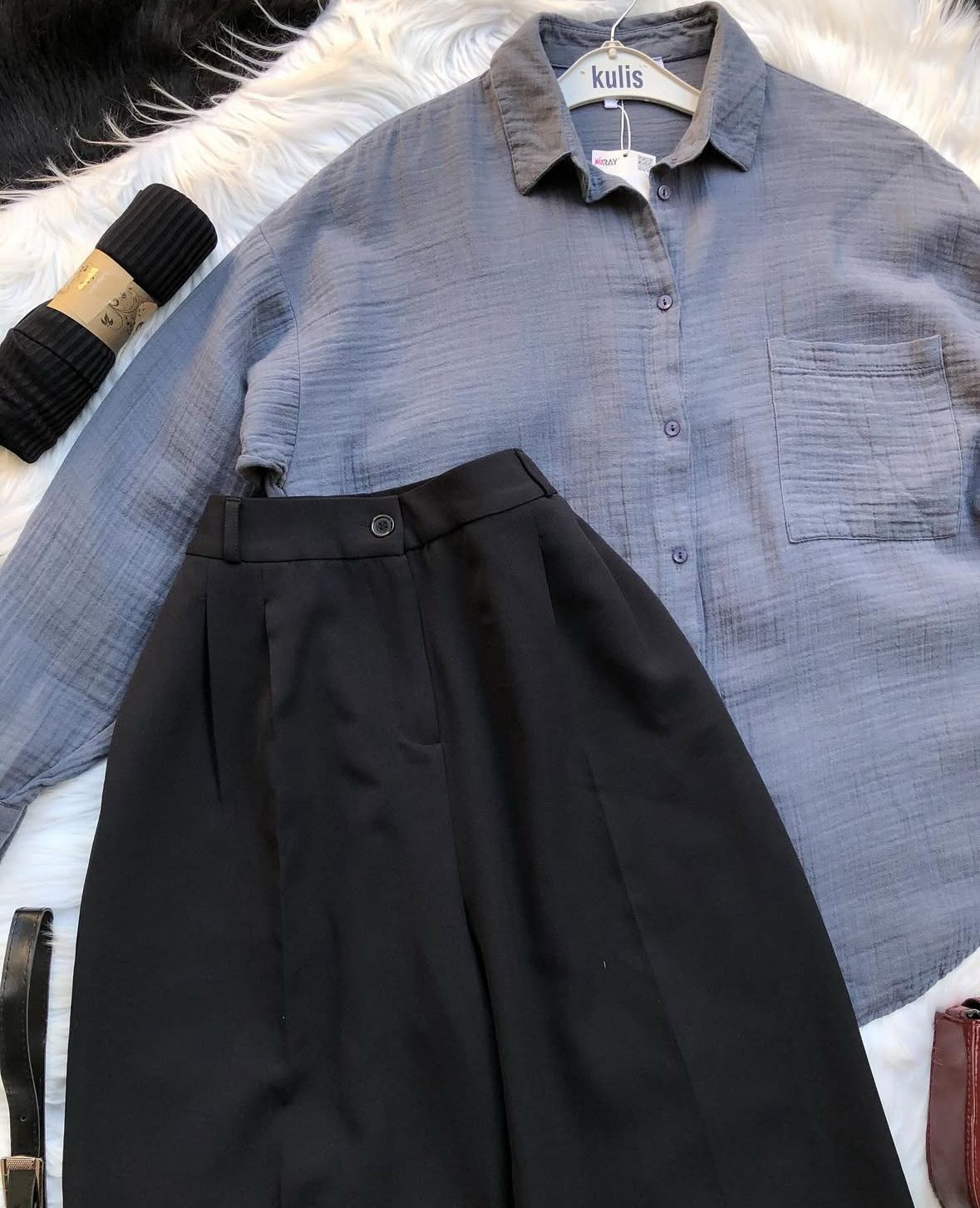 black formal pants with grey button down shirt
