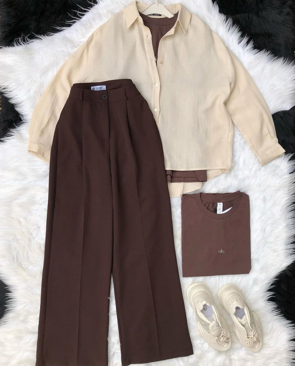 brown formal pants with beige button down shirt