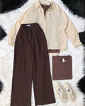 brown formal pants with beige button down shirt