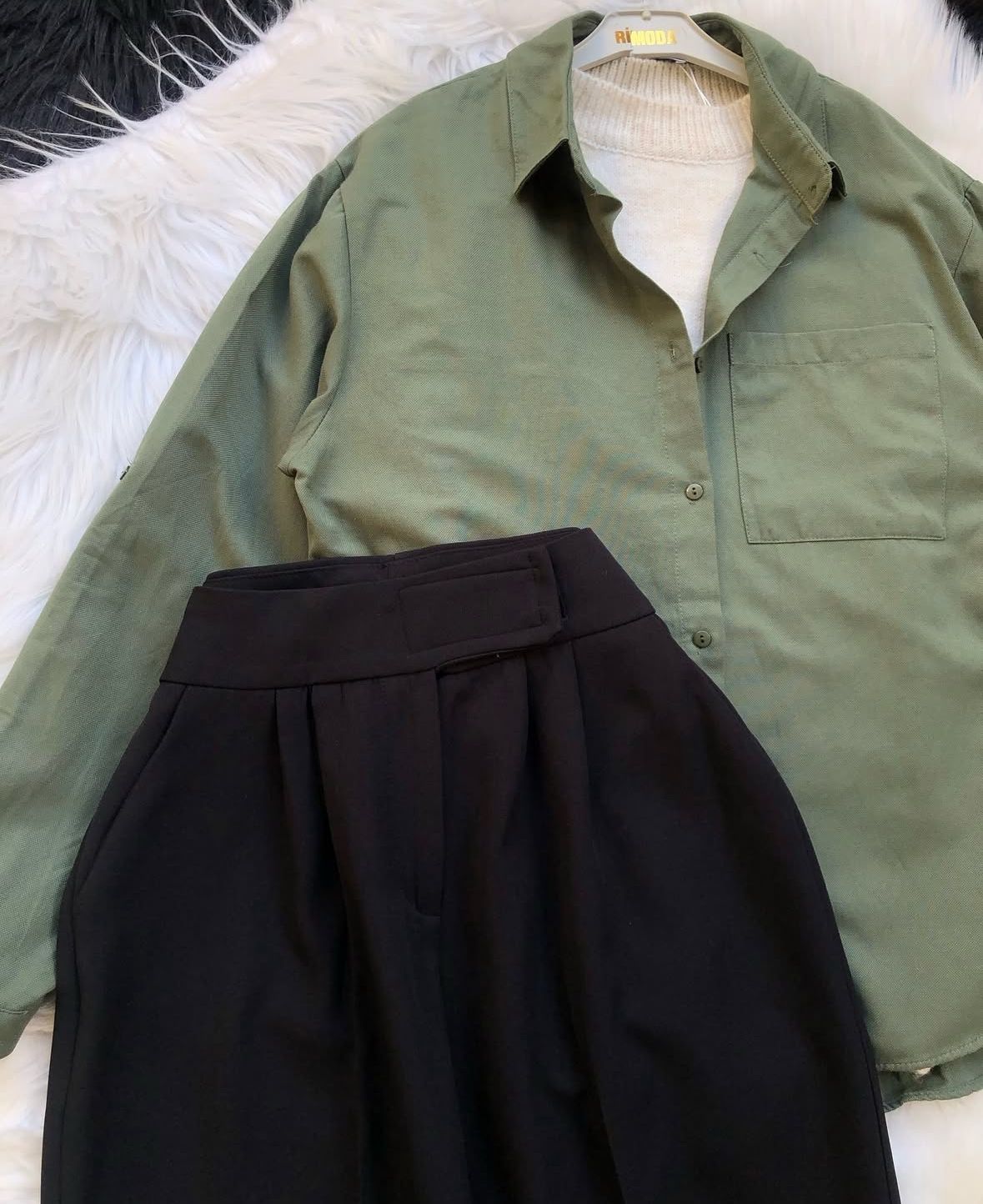 black formal pants with olive green button down shirt