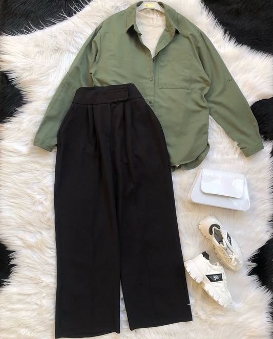 black formal pants with olive green button down shirt