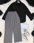 grey formal pants with black button down shirt