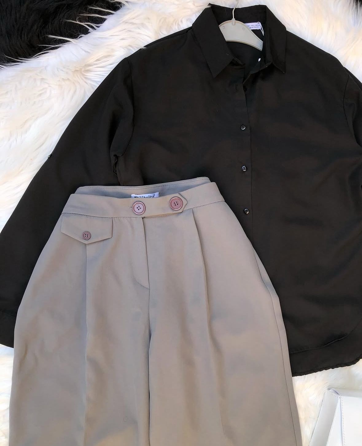 grey formal pants with black button down shirt