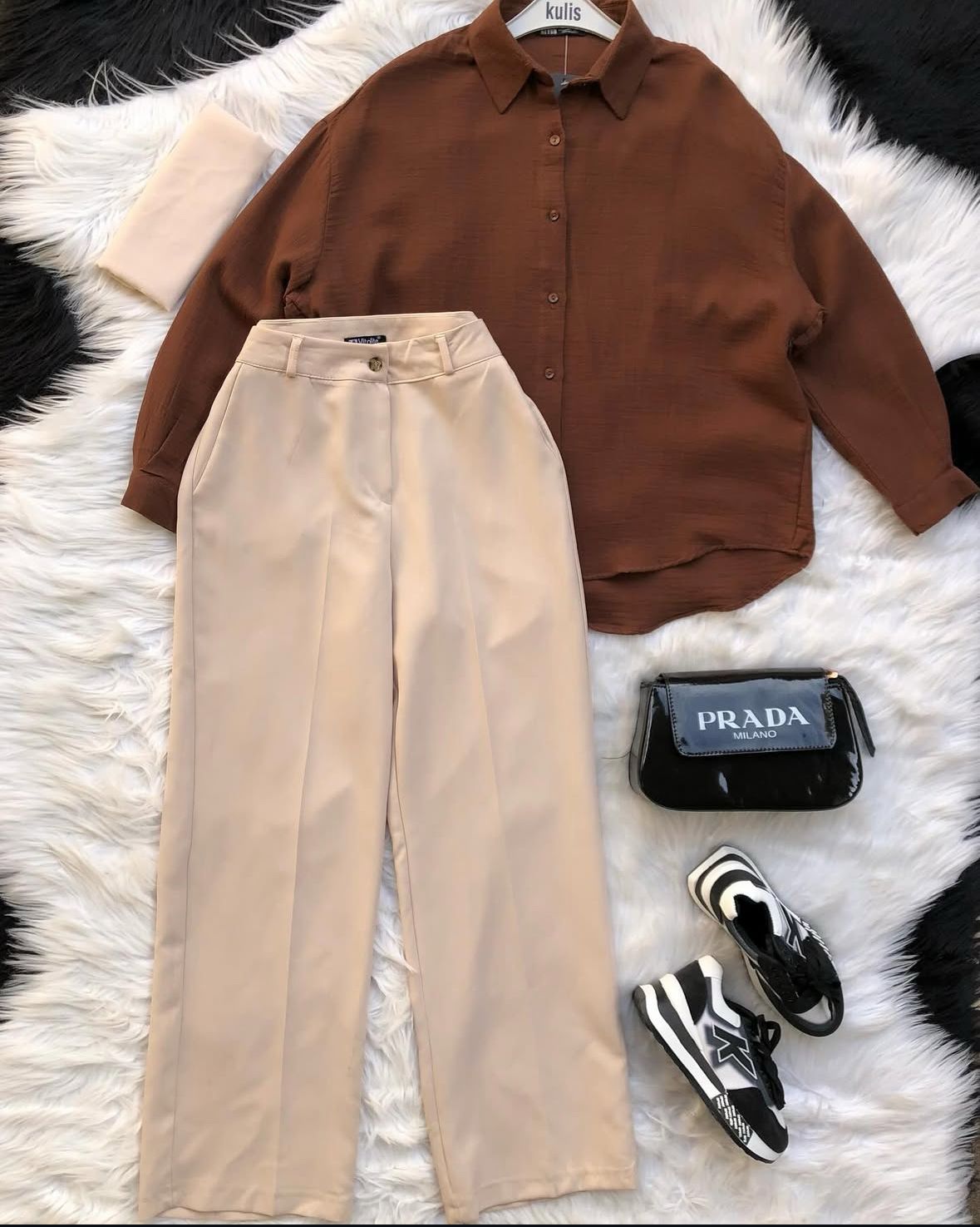beige formal pants with brown button down shirt