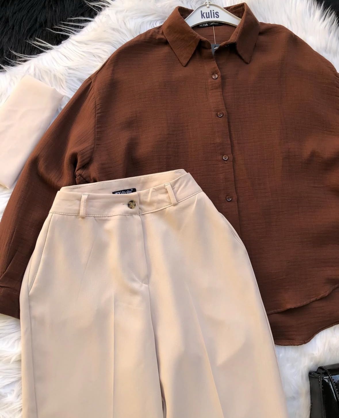 beige formal pants with brown button down shirt