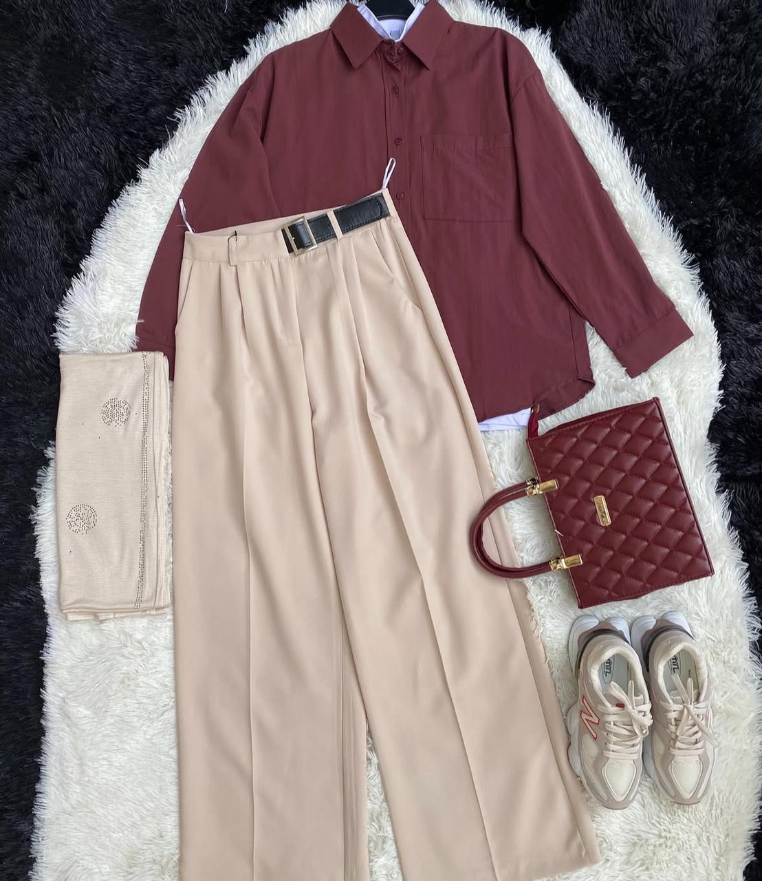 beige formal pants with maroon button down shirt