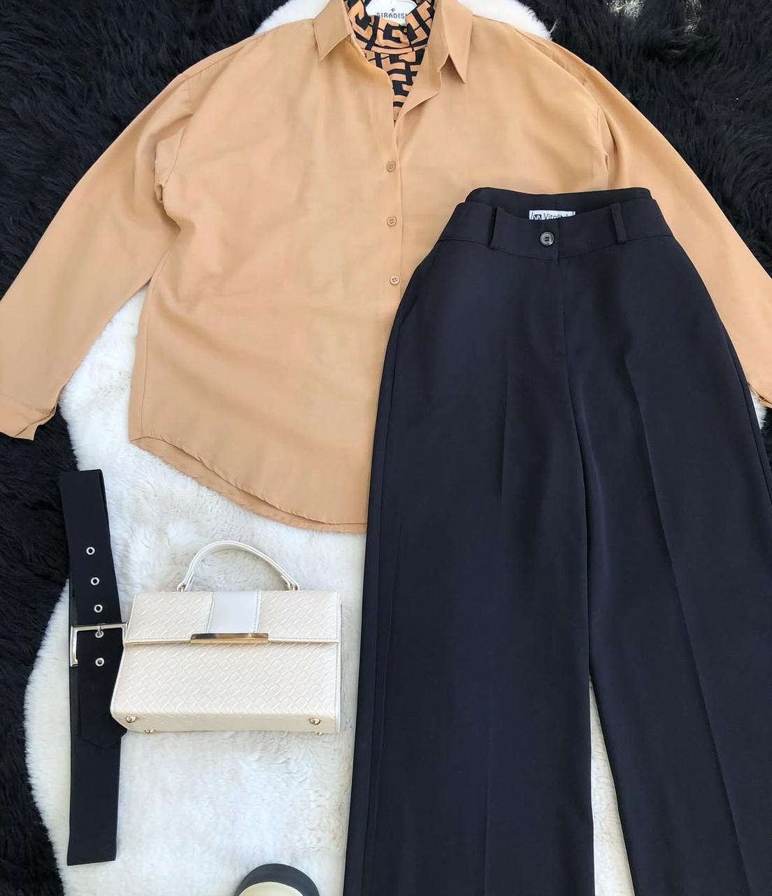 black formal pants with beige button down shirt