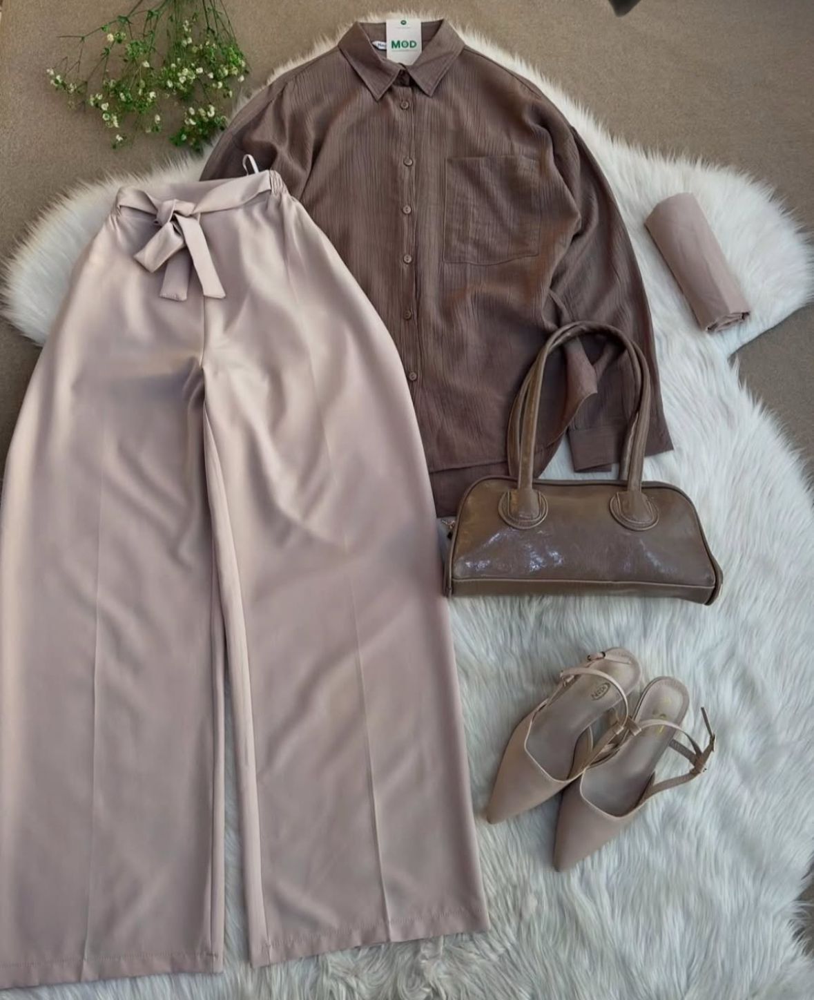 beige formal pants with brown button down shirt