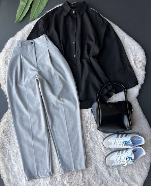 light grey formal pants with black button down shirt
