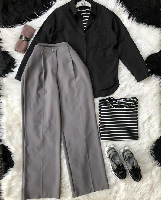 dark grey formal pants with black button down shirt