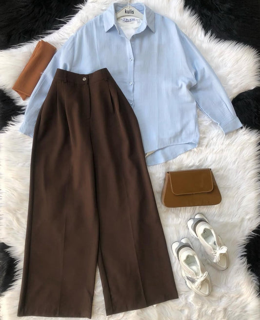dark brown formal pants with skyblue button down shirt