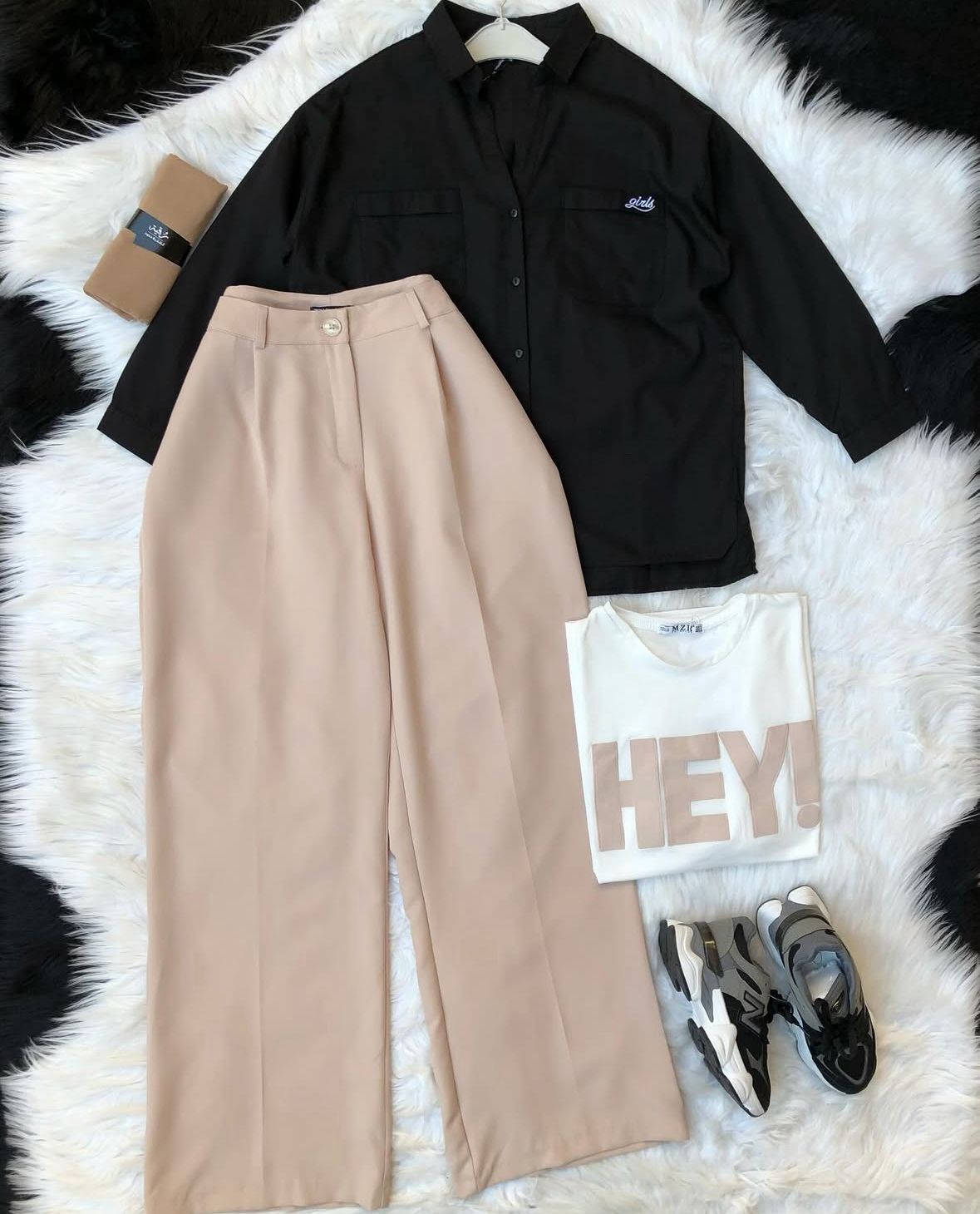beige formal pants with black button down shirt