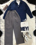 dark grey formal pants with navyblue button down shirt