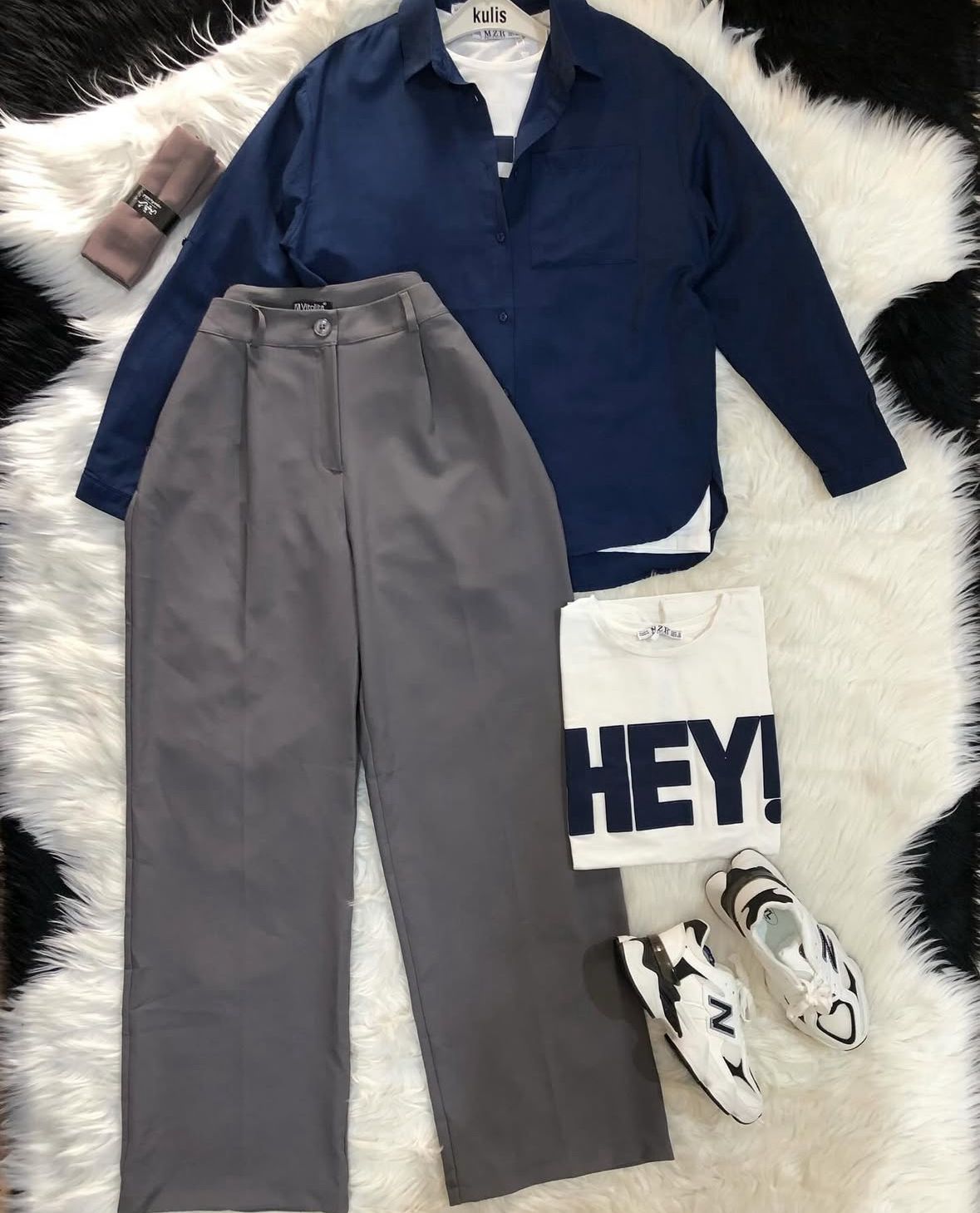 dark grey formal pants with navyblue button down shirt