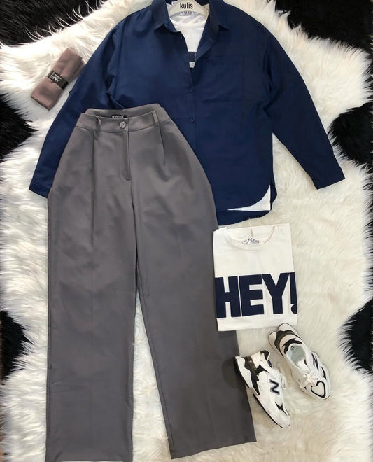dark grey formal pants with navyblue button down shirt