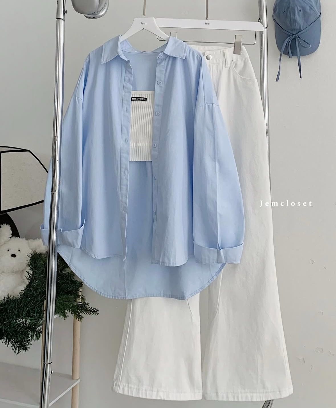 skyblue button down shirt with white wideleg jeans