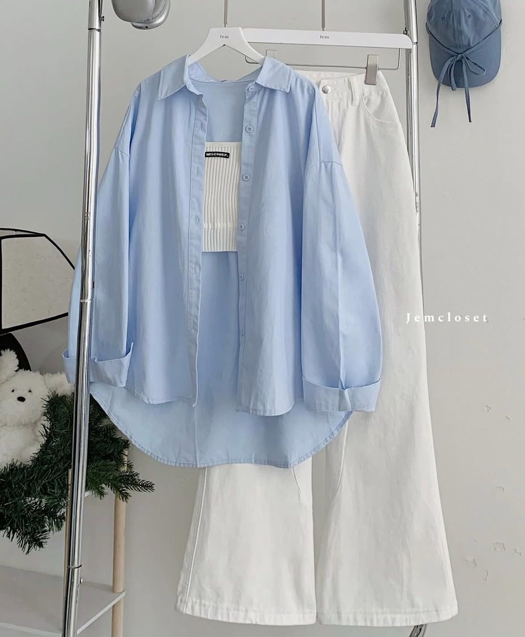 skyblue button down shirt with white wideleg jeans