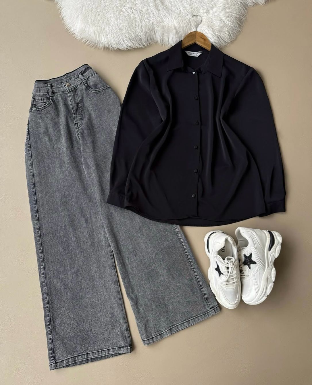 black button down shirt with charcoal grey wideleg jeans
