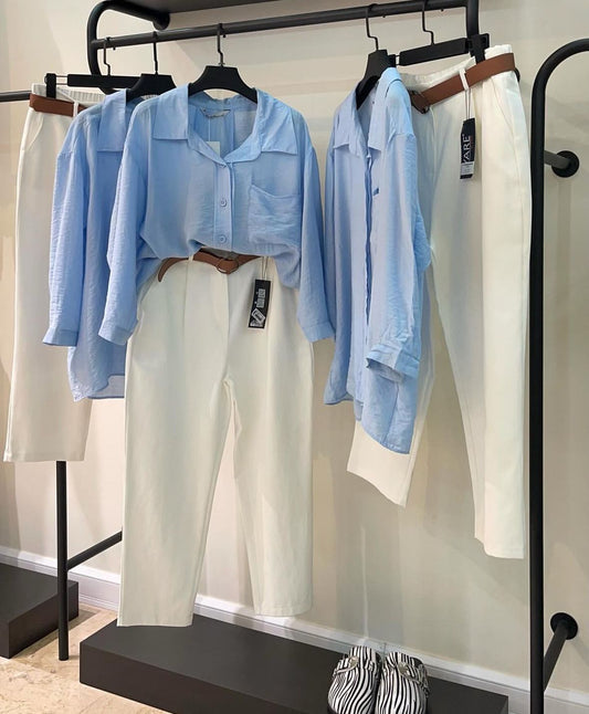 skyblue button down shirt with white wideleg jeans