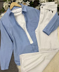 skyblue button down shirt with white wideleg jeans
