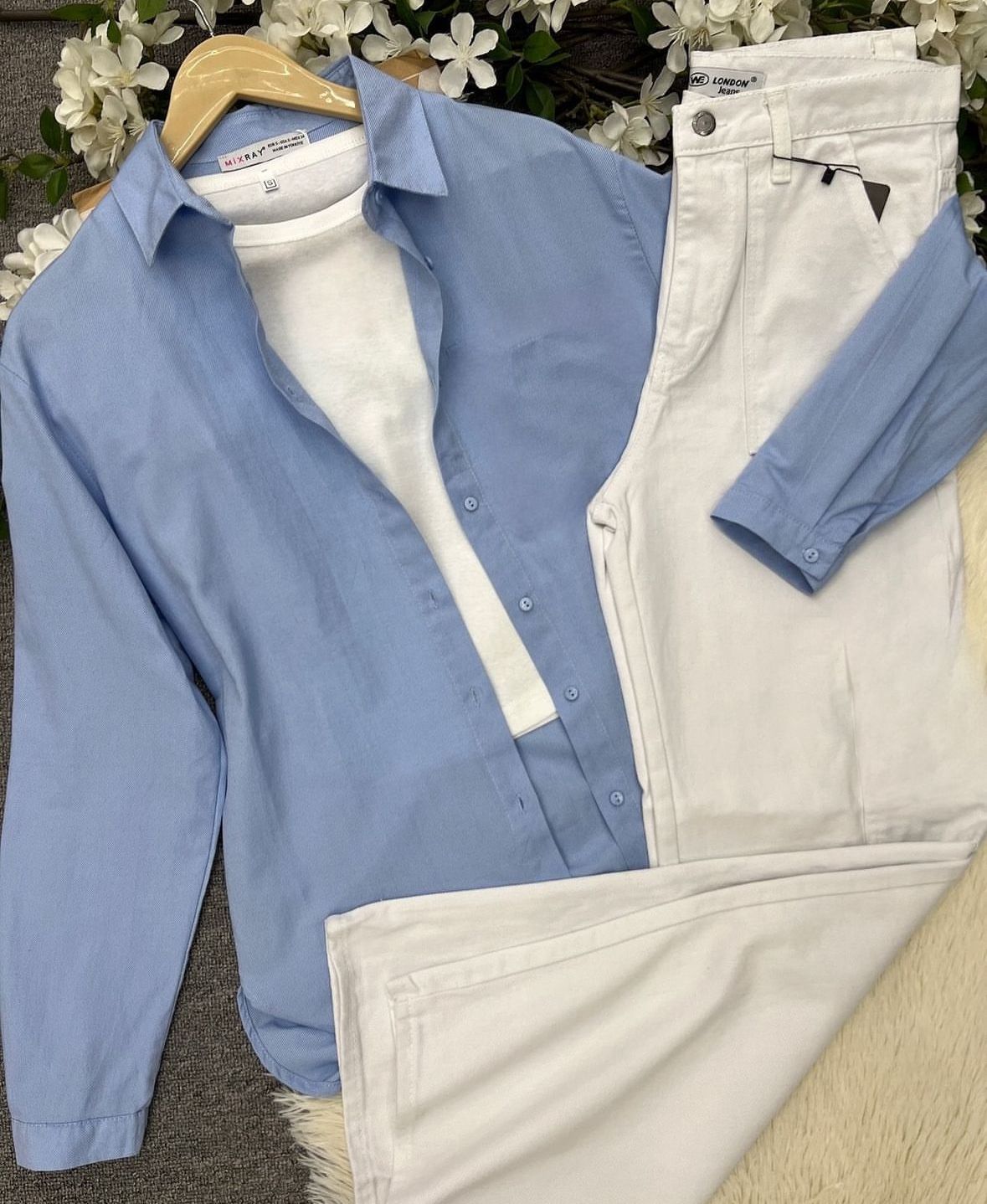 skyblue button down shirt with white wideleg jeans
