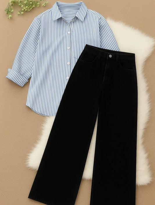 Trendy blue lining button down shirt with black wideleg jeans
