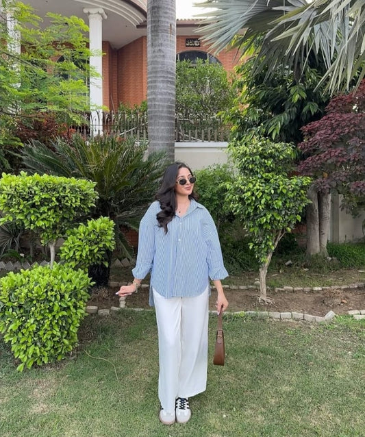 Trendy  blue linings button down shirt with white flapper trouser