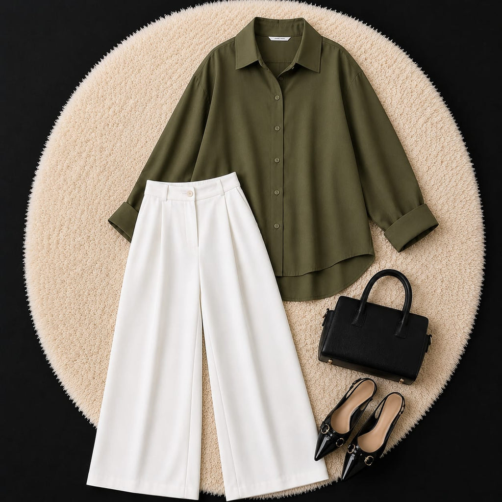 White Formal Pant With Olive Green Button Down Shirt