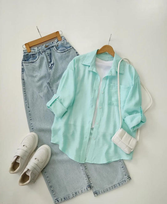 Sea-greenButton down shirt with iceblue wideleg jeans