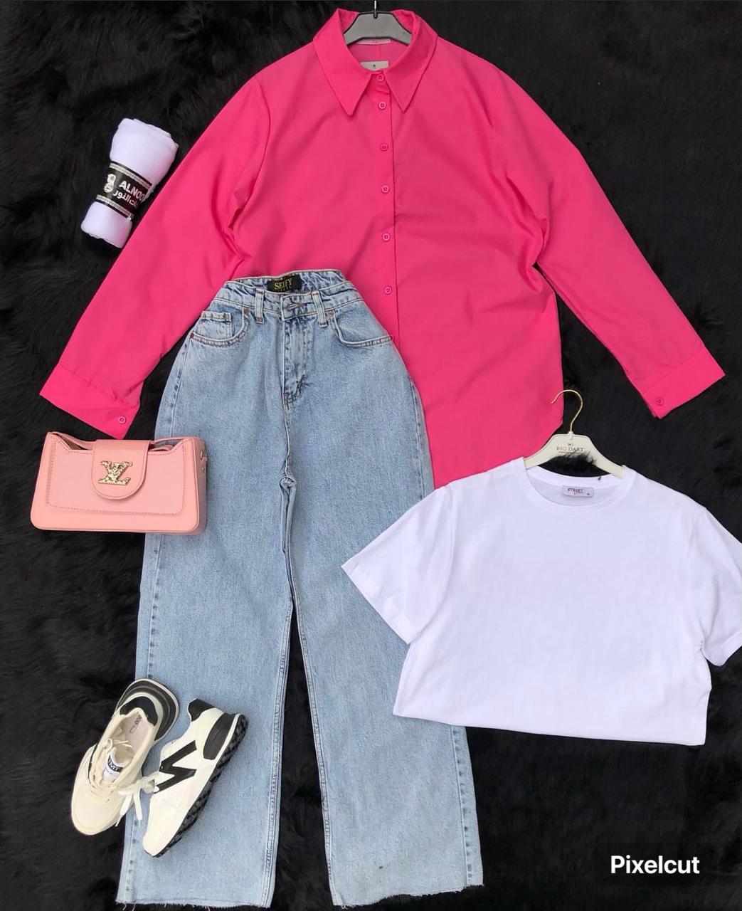 Pink Button down shirt with white wideleg jeans