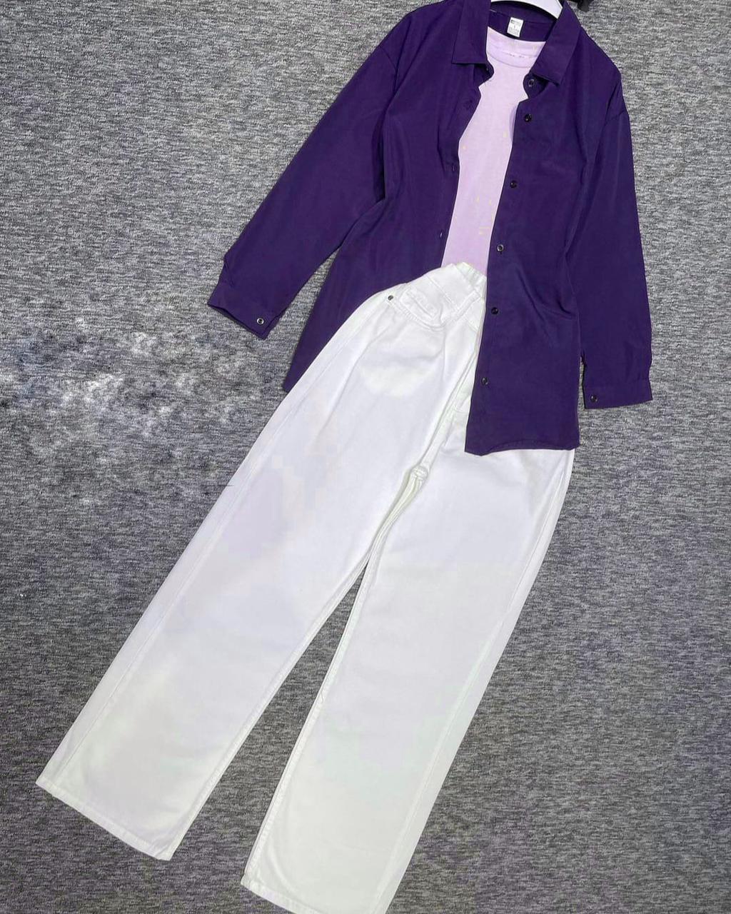 purple or lilac Button down shirt with white or black wideleg jeans