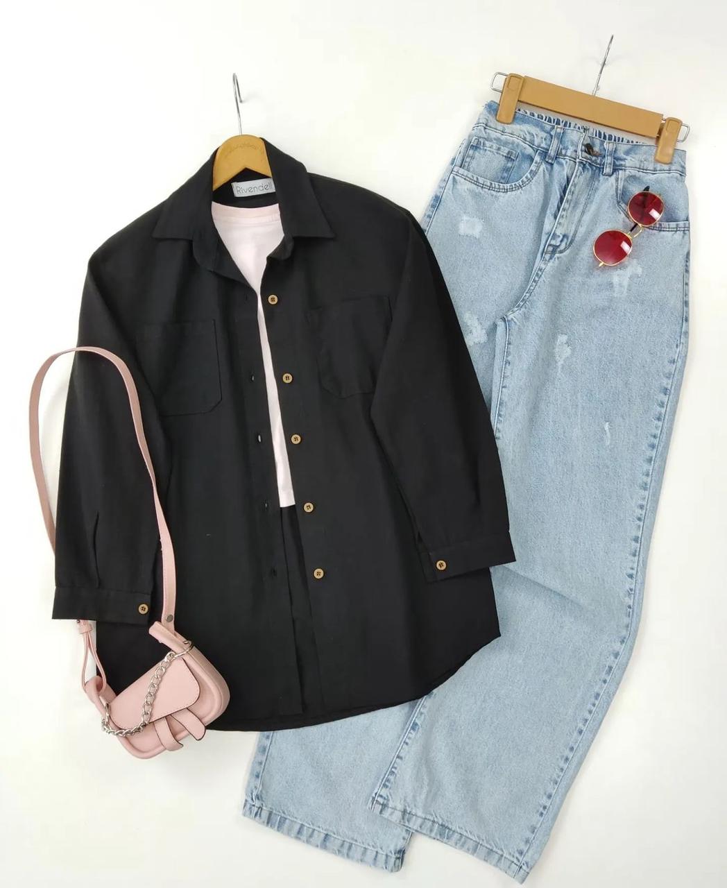 Black Button down shirt with iceblue jeans