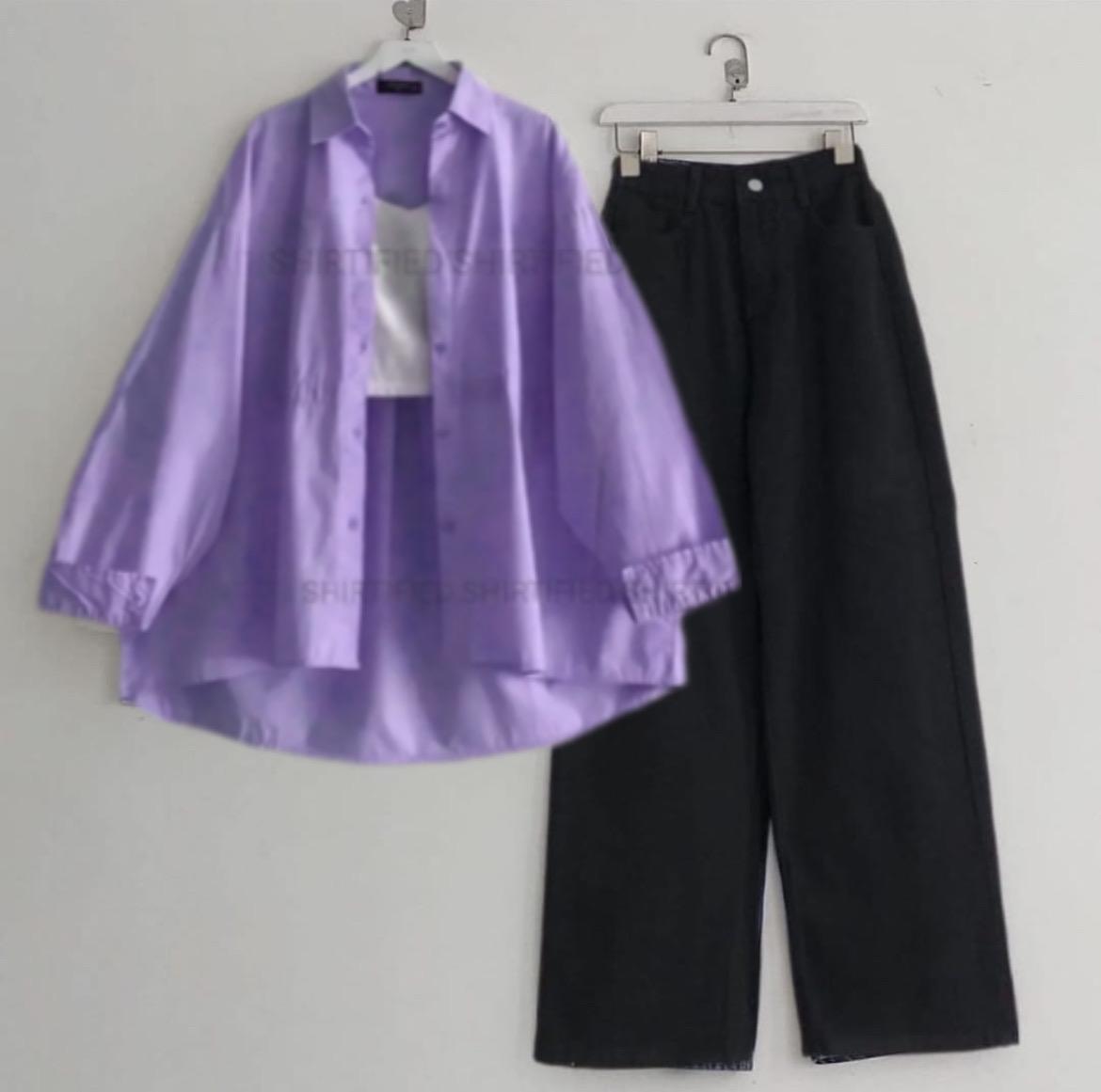Lilac Button down shirt with iceblue wideleg jeans