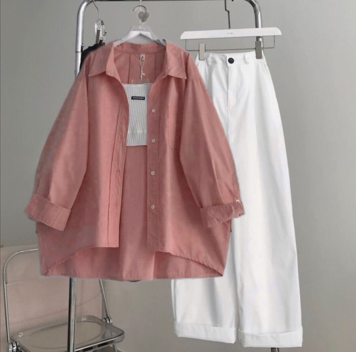 Tea pink Button down shirt with iceblue wideleg jeans