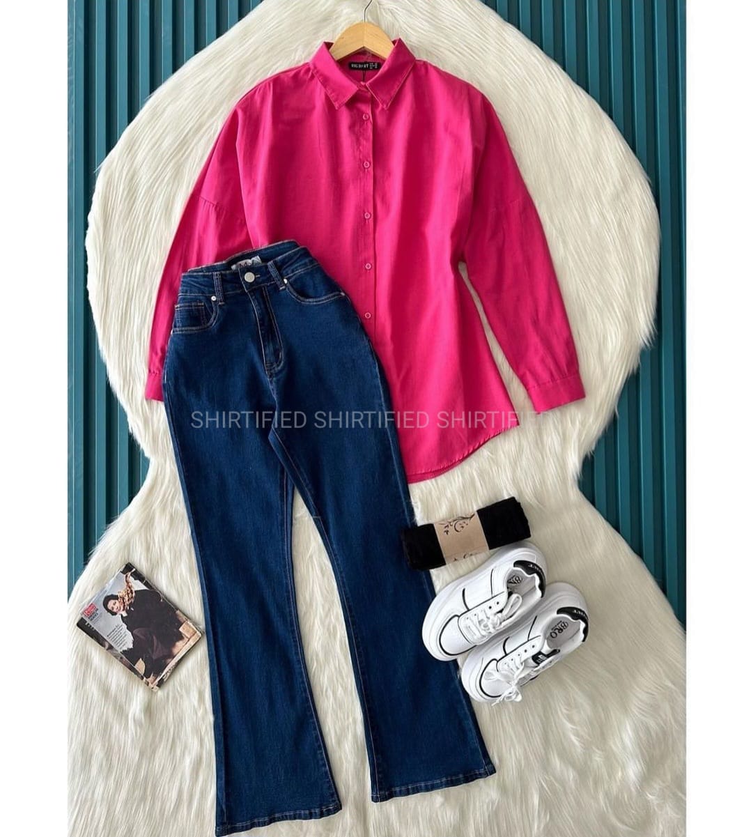 Pink Button down shirt with white wideleg jeans