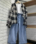 black *check* button down shirt with iceblue wideleg jeans