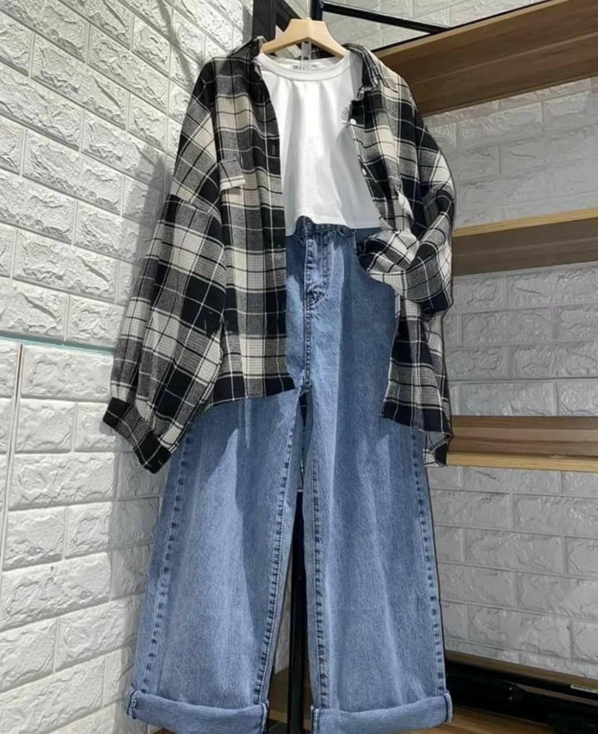 black *check* button down shirt with iceblue wideleg jeans