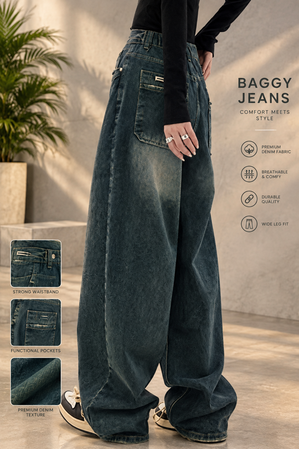 Vintage Washed Dark Blue Wide Leg Jeans