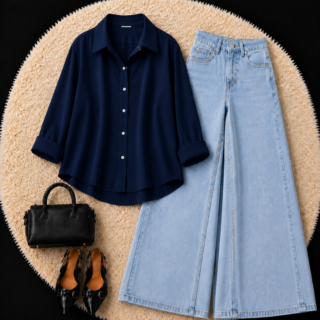 Navy Blue Button Down Shirt With Sky Blue Jeans