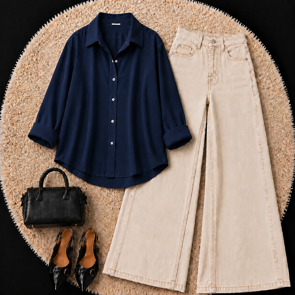 Navy Blue Button down shirt with Beige Jeans