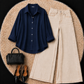 Navy Blue Button down shirt with Beige Jeans