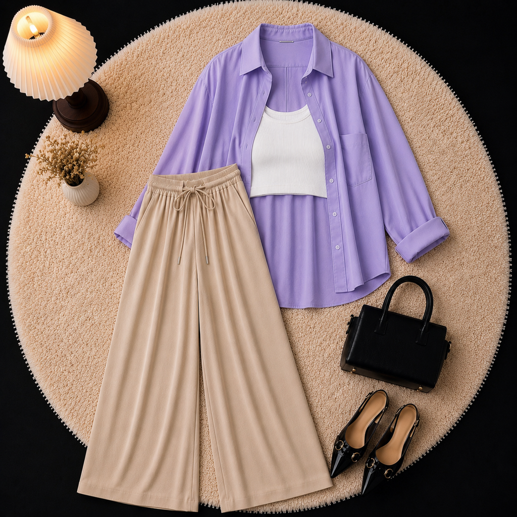 Lilac Button Down Shirt With Inner & Beige Flapper Trouser