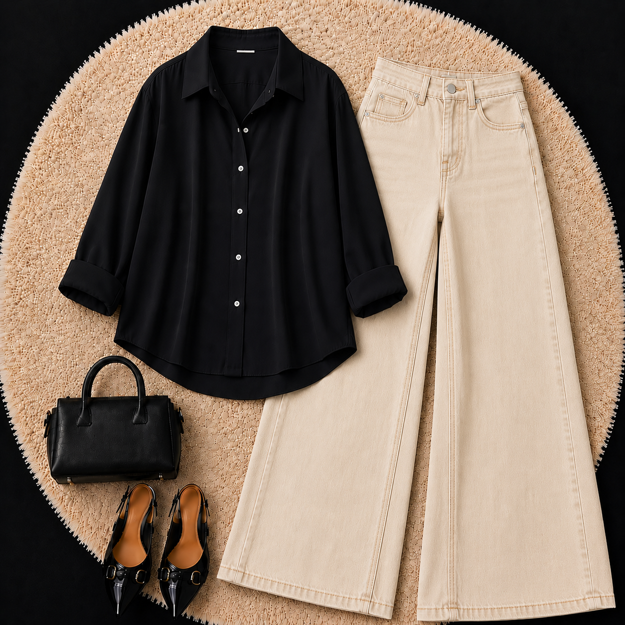 Black Button down shirt with Beige Jeans