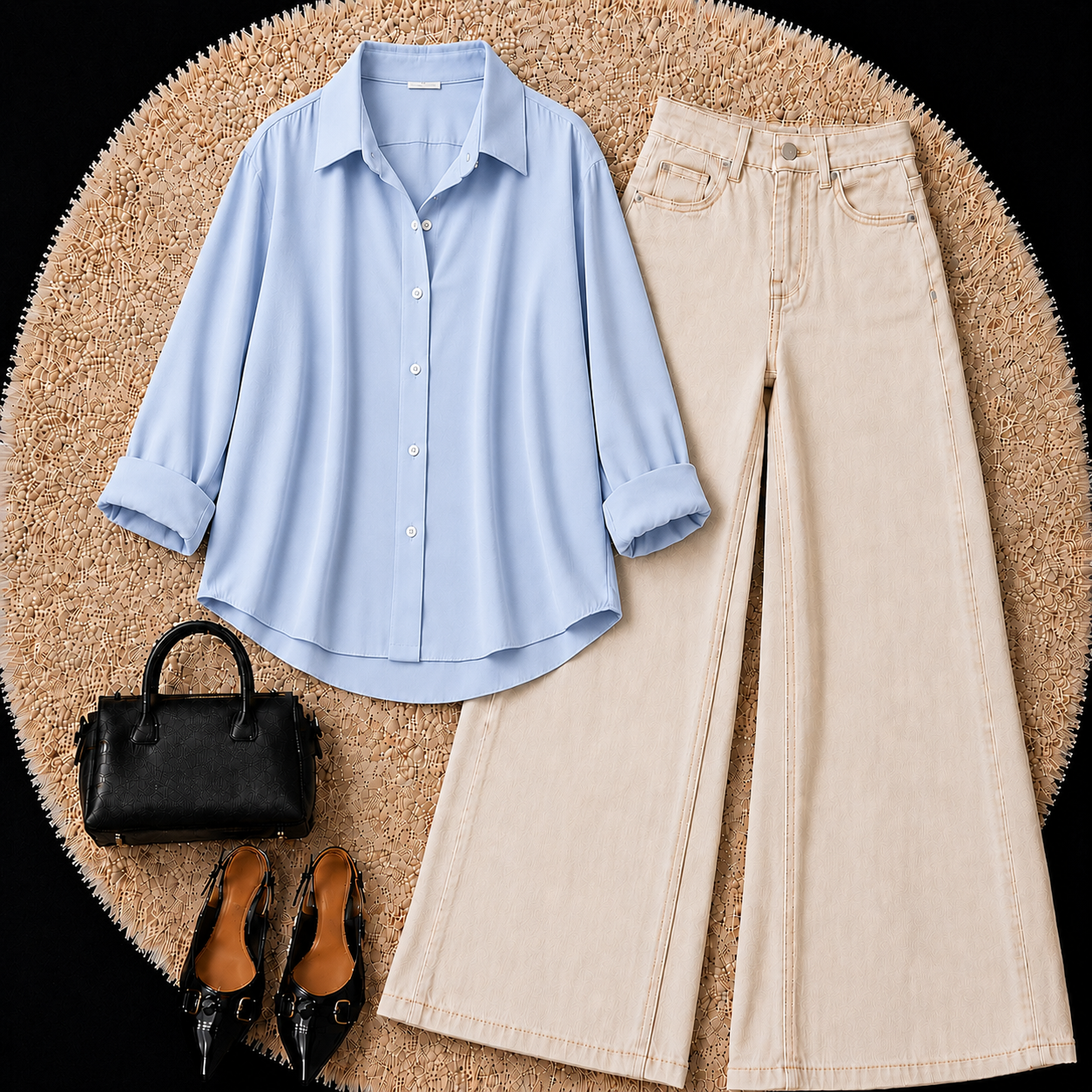 Sky Blue Button down shirt with Beige Jeans
