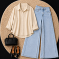 Beige Button Down Shirt With Sky Blue Jeans